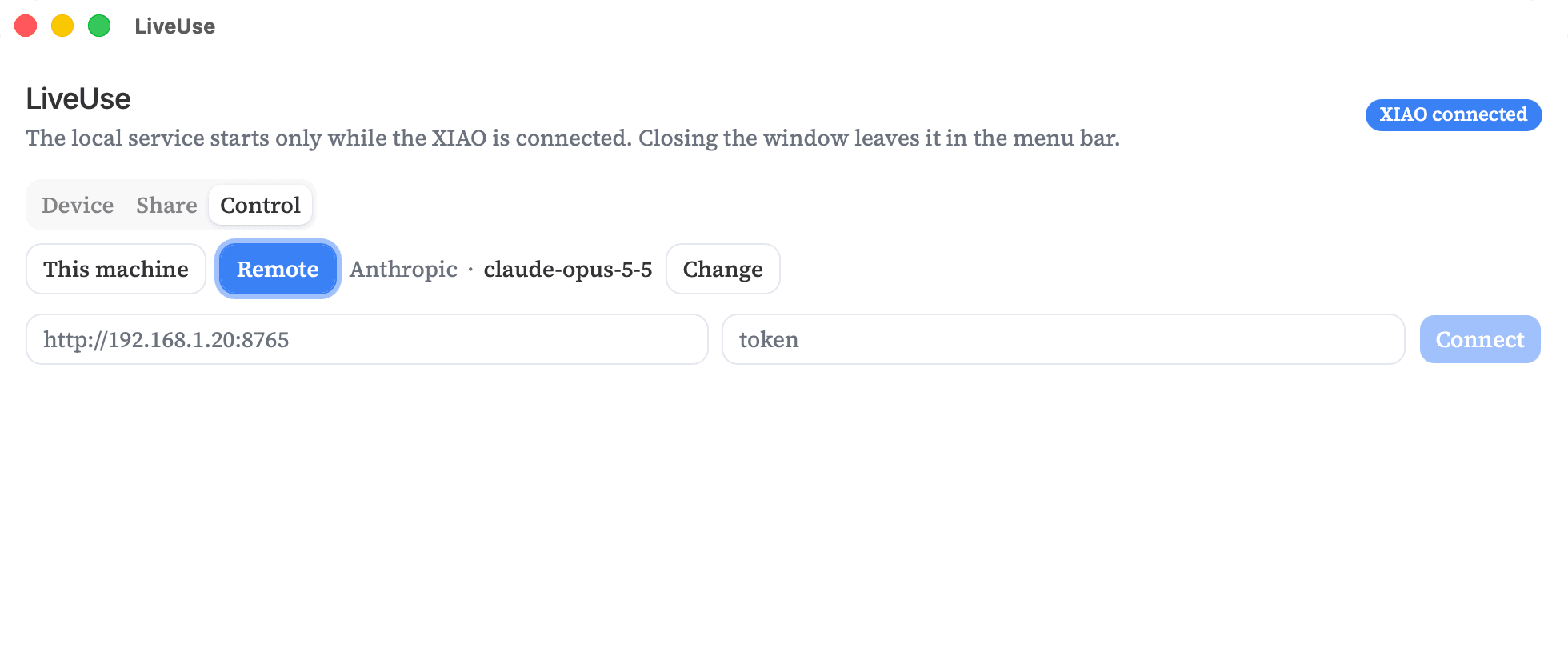 LiveUse Control tab set to Remote, with fields for the other computer URL and token.